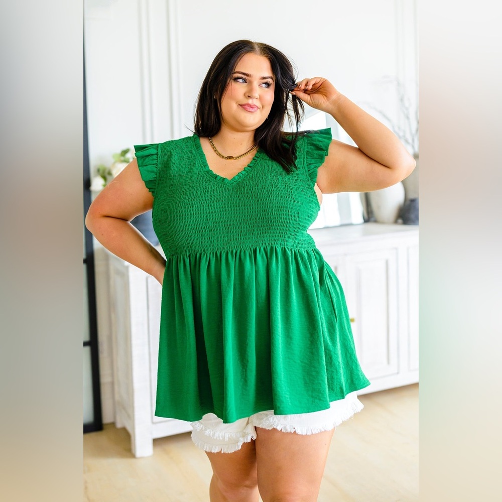 NWT JODIFL Emerald Green Smocked Babydoll Blouse with Ruffle Sleeves Size 3X